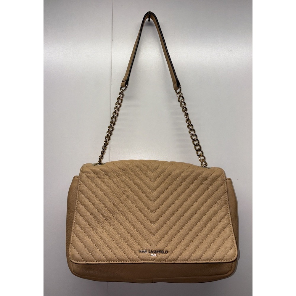 Karl Lagerfeld Quilted Leather Shoulder Bag‎ Purse Peach/Tan